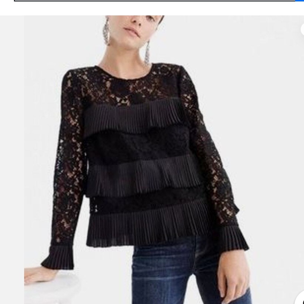 J. Crew Pleated Lace Ruffle Blouse Black NWT